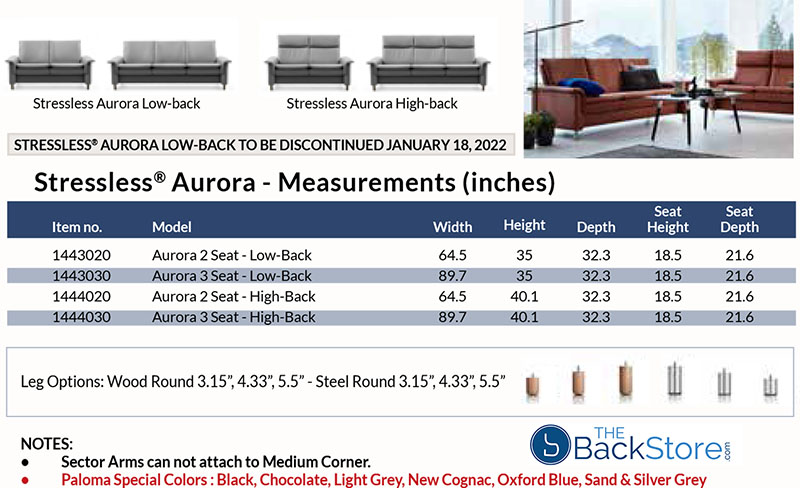 Stressless Aurora Leather Sofa, Loveseat and Sectional Dimensions by Ekornes