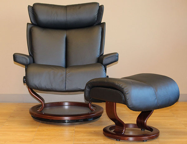 Stressless Magic Paloma Black Leather Recliner and Ottoman